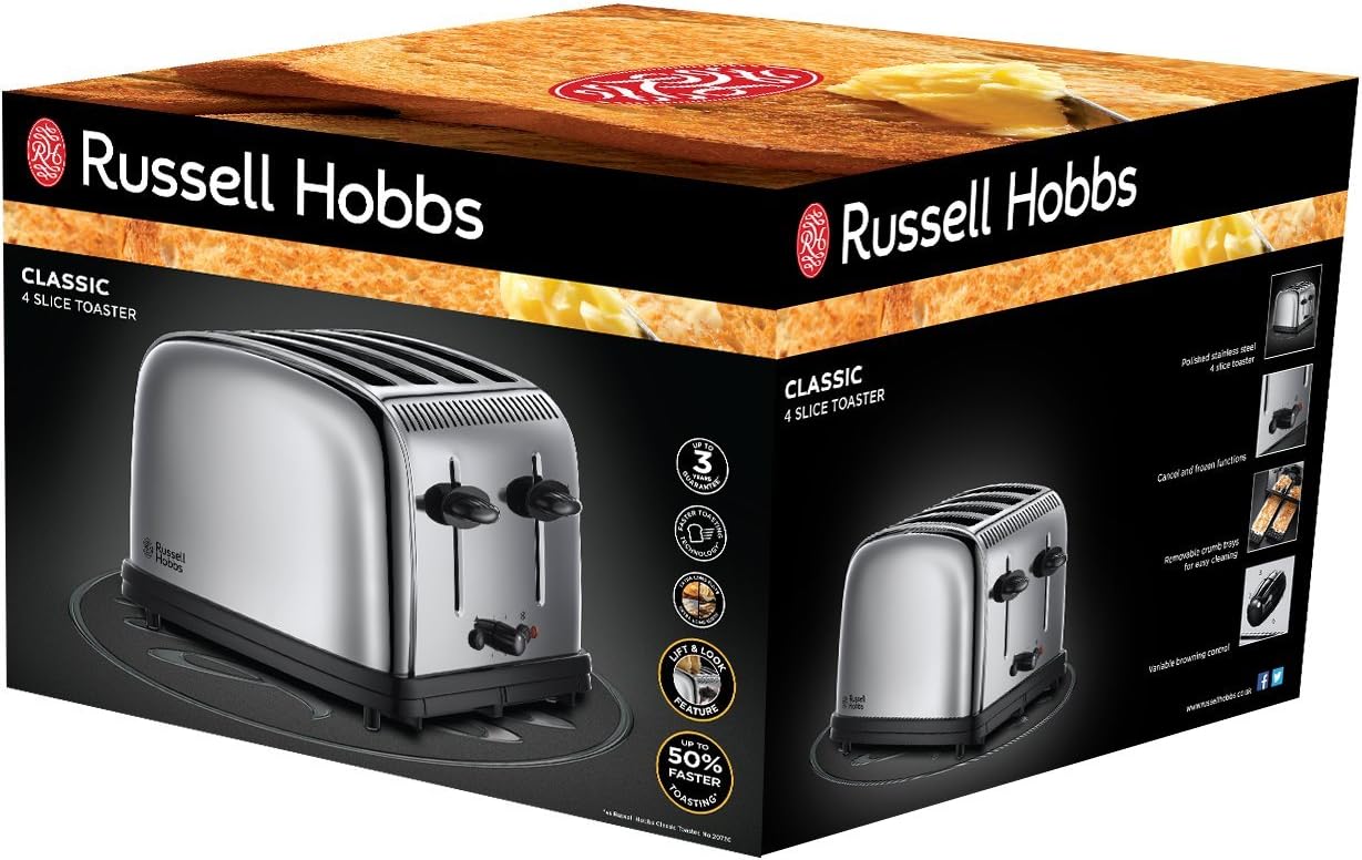 Russell Hobbs Classic Stainless Steel 4 Slice Bread Toaster with High Lift & Wide Slots, Adjustable Browning Control راسيل هوبز حماصة 4 ستانلس ستيل Russell Hobbs Classic Stainless Steel 4 Slice Bread Toaster with High Lift & Wide Slots, Adjustable Browning Control راسيل هوبز حماصة 4 ستانلس ستيل